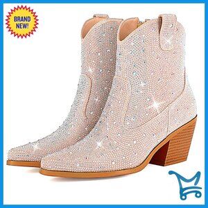 Women's Rhinestone Cowboy Boots Chunky Heel Sparkly Ankle Boots
